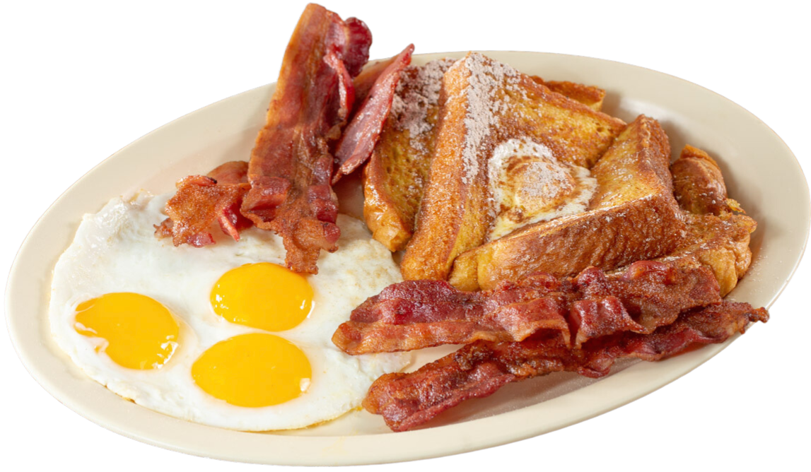 French toast combo with bacon and eggs, served all day