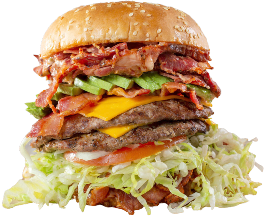 The Trojan Burger — double patty stacked with pastrami, chili, bacon, avocado, and melted cheese